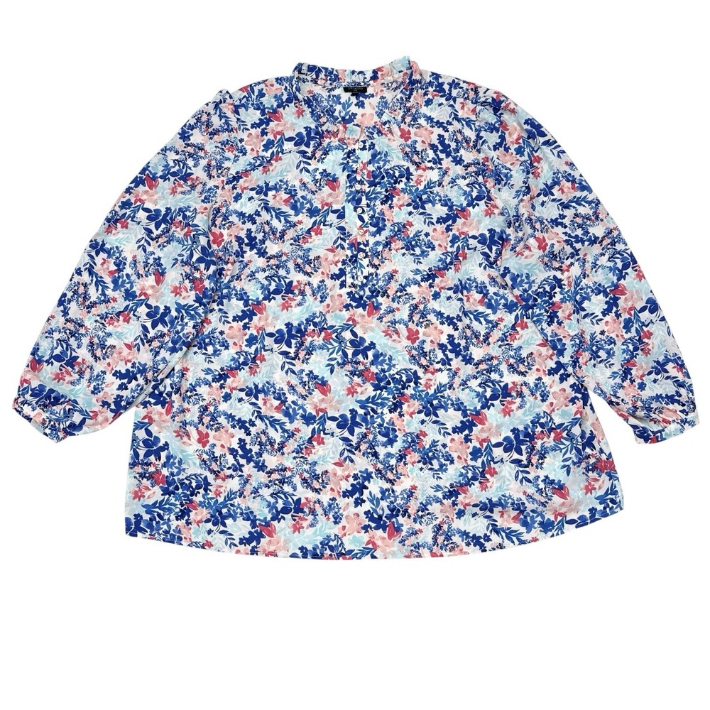 Talbots Top Plus Size 3X Blue‎ Pink Floral Popover Blouse Ruffles Preppy Resort
